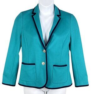 Talbots Aberdeen Womens 10 Teal Blazer Navy Trim Gold Crest Buttons Yacht Jacket